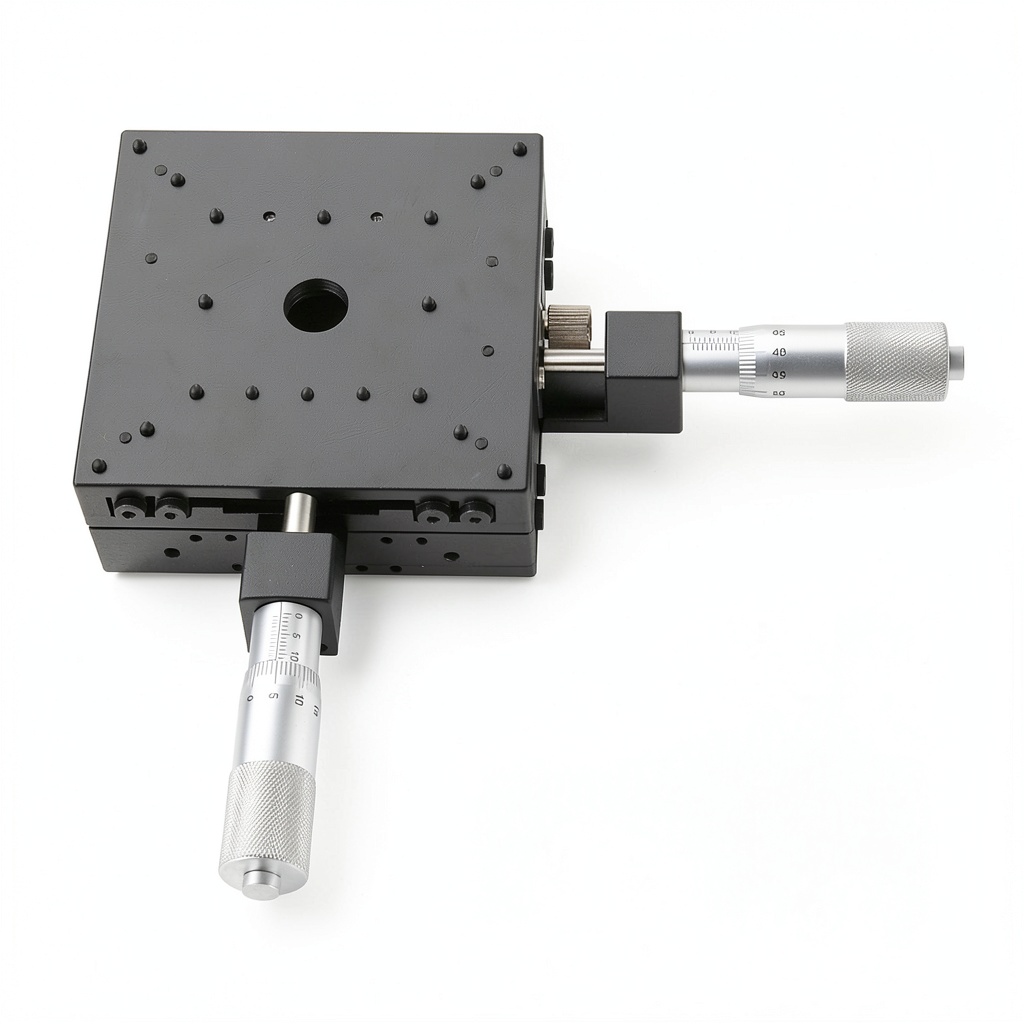 Thincol XY sliding table showing dual-axis micrometer adjustment mechanism