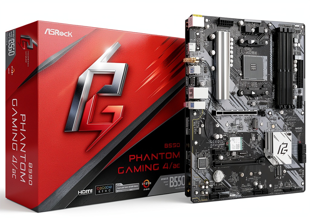 ASRock B550 Phantom Gaming 4 AC motherboard installed in a gaming PC case
